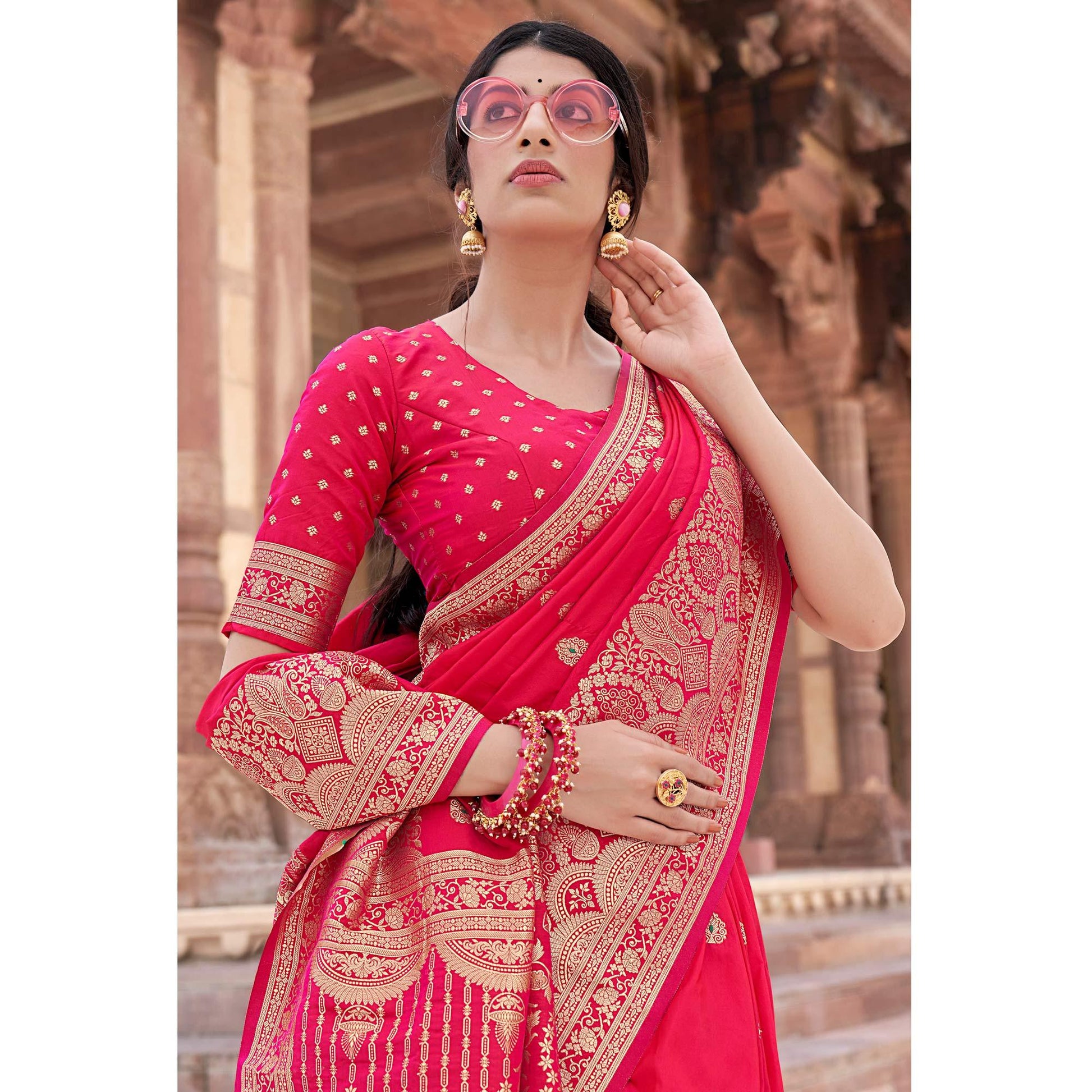 Deep Pink Festive Wear Woven Banarasi Silk Saree