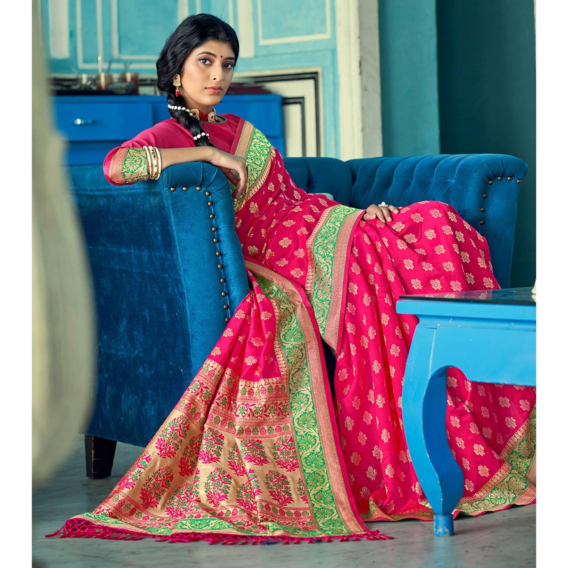 Deep Pink Festive Wear Woven Banarasi Silk Saree