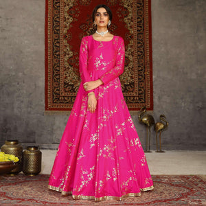 Deep Pink Party Wear Designer Metalic Foil Printed Work Taffeta Gown