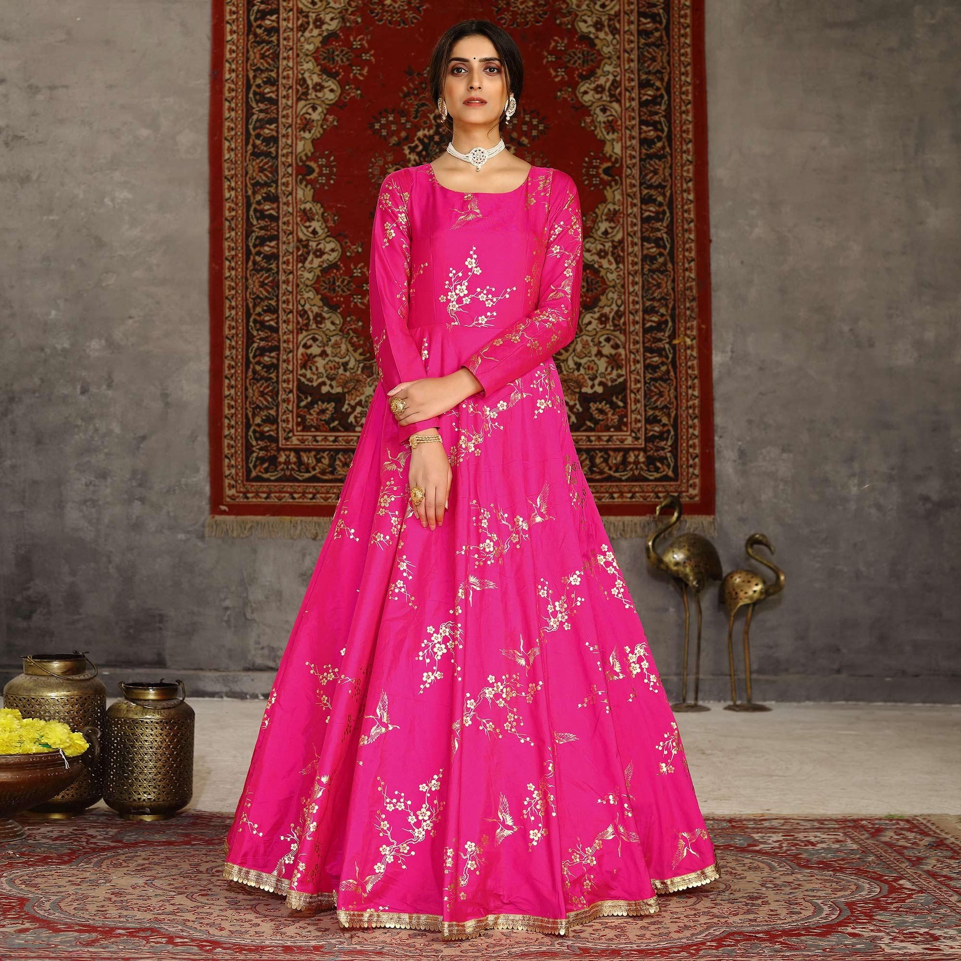 Deep Pink Party Wear Designer Metalic Foil Printed Work Taffeta Gown