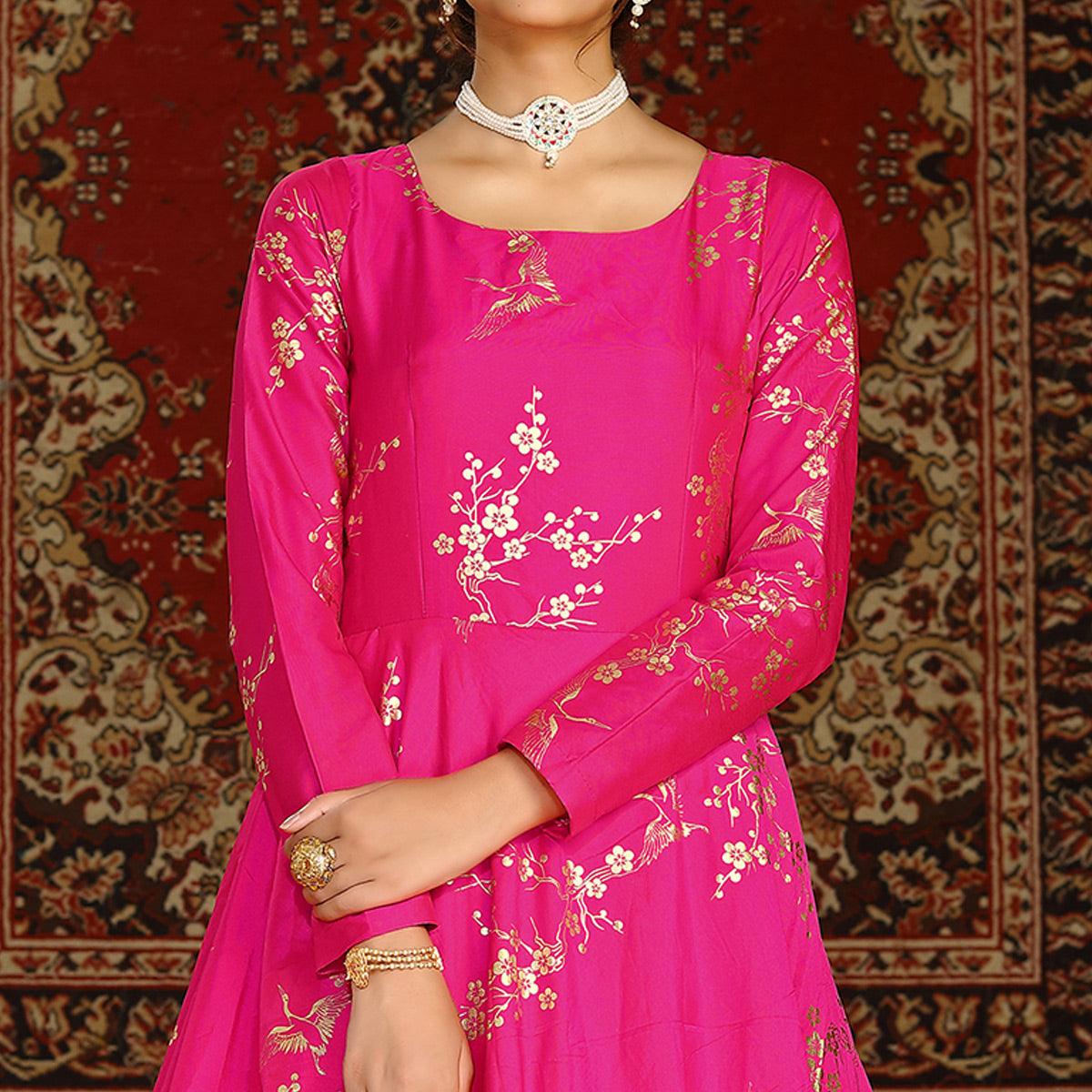 Deep Pink Party Wear Designer Metalic Foil Printed Work Taffeta Gown