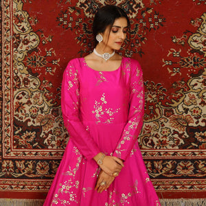 Deep Pink Party Wear Designer Metalic Foil Printed Work Taffeta Gown
