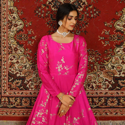 Deep Pink Party Wear Designer Metalic Foil Printed Work Taffeta Gown