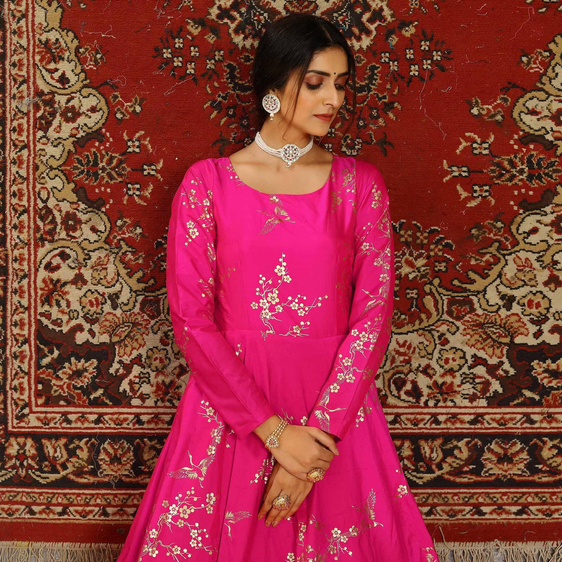 Deep Pink Party Wear Designer Metalic Foil Printed Work Taffeta Gown