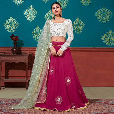 Deep Pink-White Wedding Wear Pigment Foil Printed Work Georgette Lehenga Choli