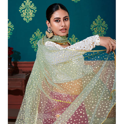 Deep Pink-White Wedding Wear Pigment Foil Printed Work Georgette Lehenga Choli