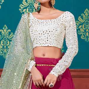 Deep Pink-White Wedding Wear Pigment Foil Printed Work Georgette Lehenga Choli