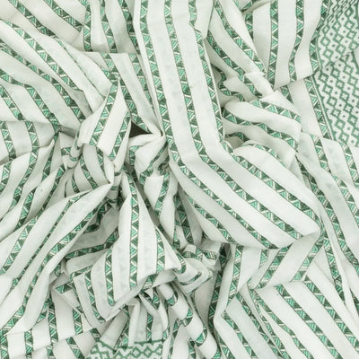 White Woven Jaipur Cotton Saree Printed With Green Stripes