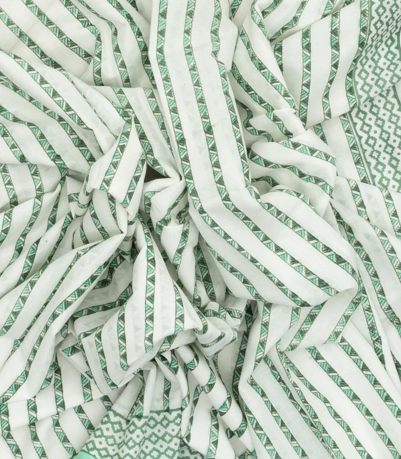 White Woven Jaipur Cotton Saree Printed With Green Stripes