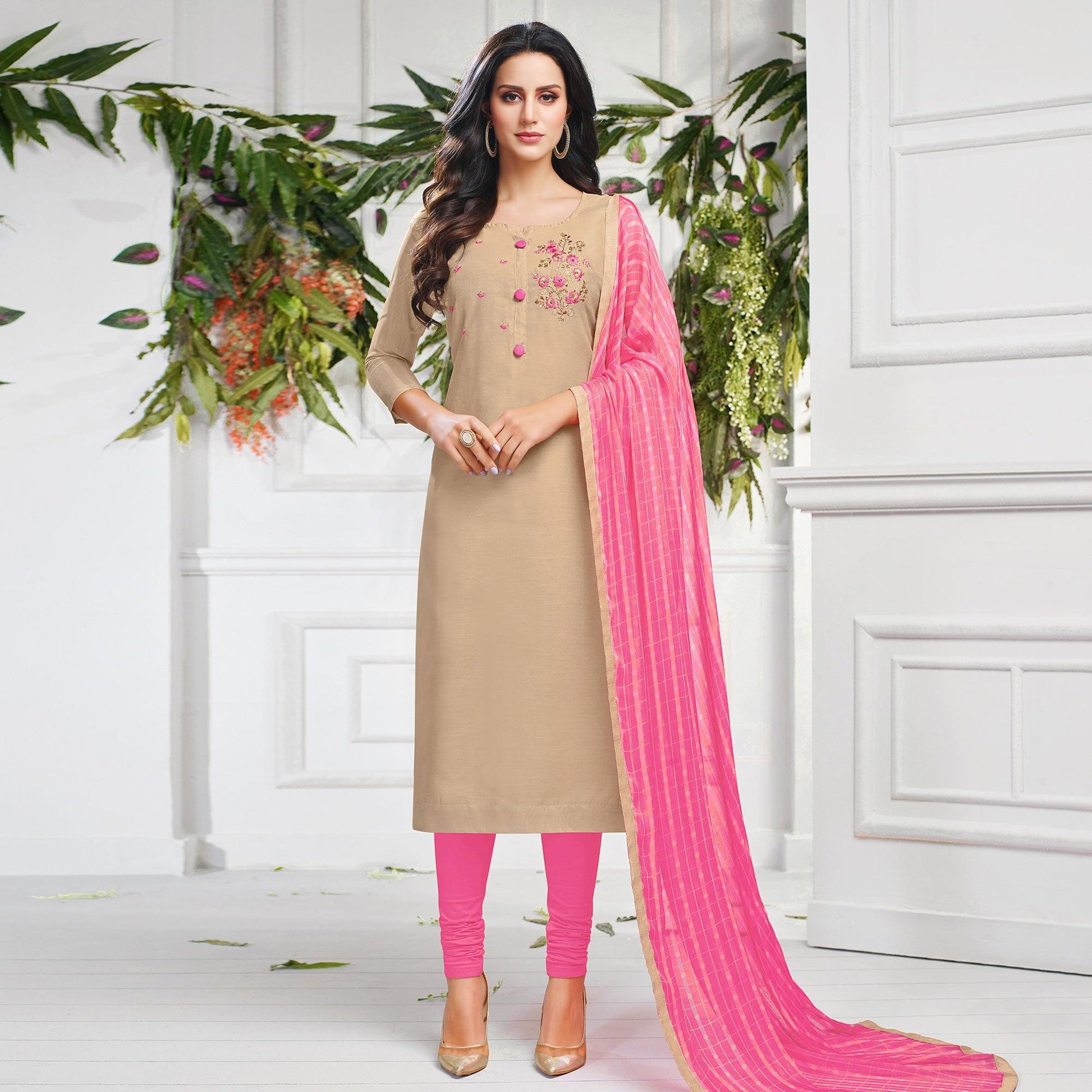 Delightful Beige Colored Casual Wear Embroidered Chanderi Dress Material