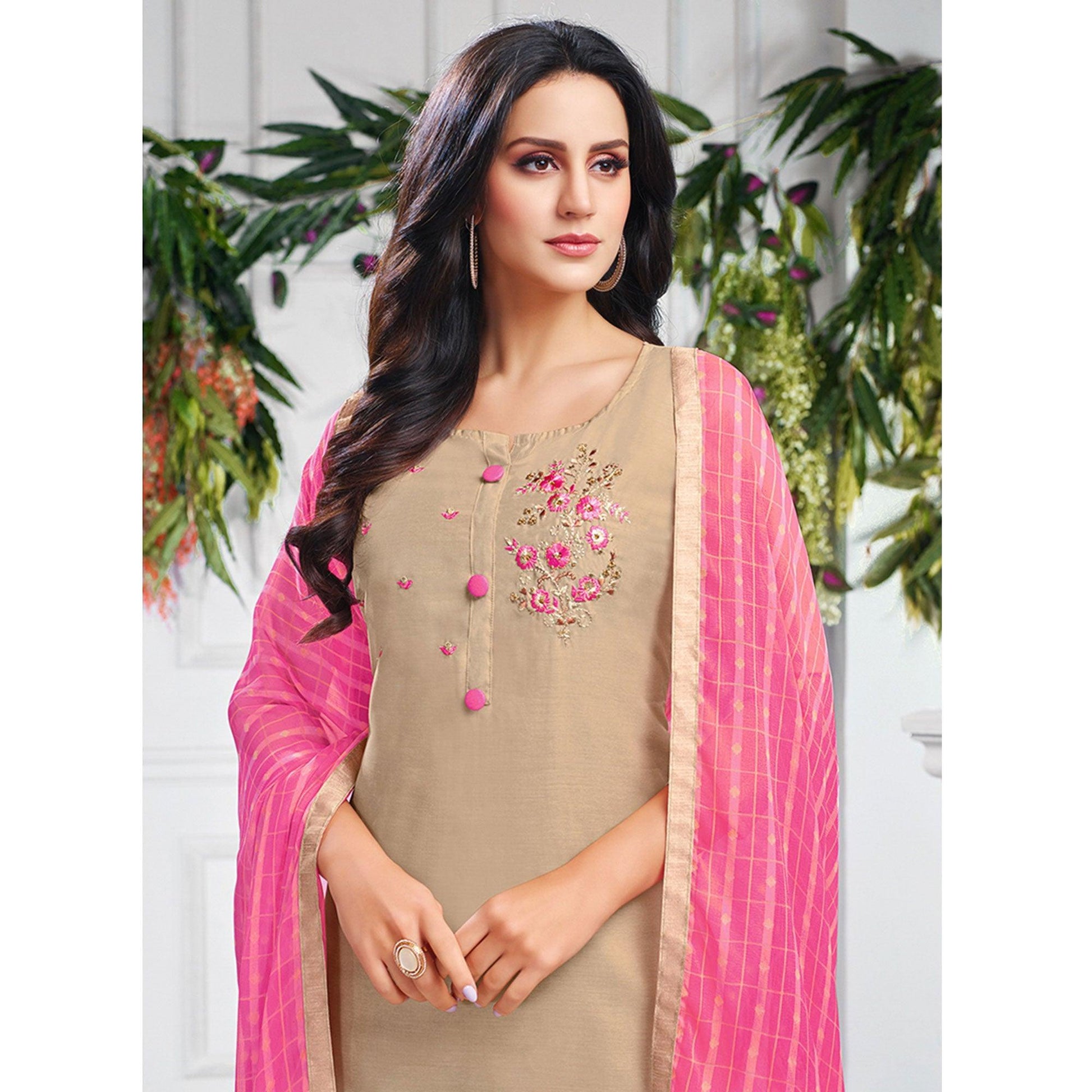 Delightful Beige Colored Casual Wear Embroidered Chanderi Dress Material