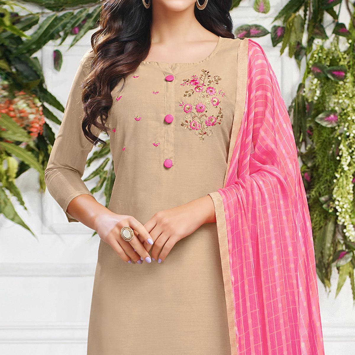 Delightful Beige Colored Casual Wear Embroidered Chanderi Dress Material