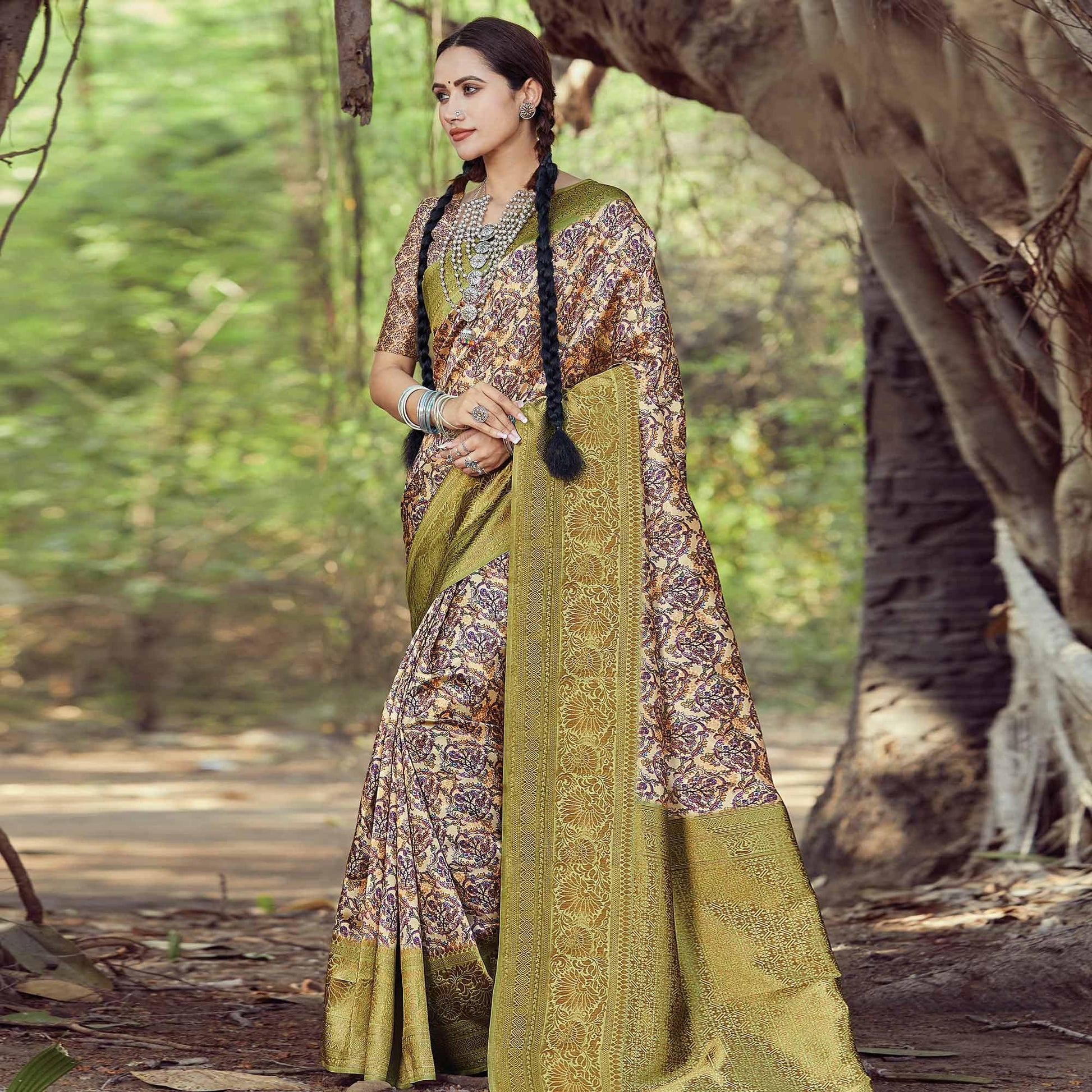 Delightful Beige Colored Festive Wear Digital Printed Silk Saree