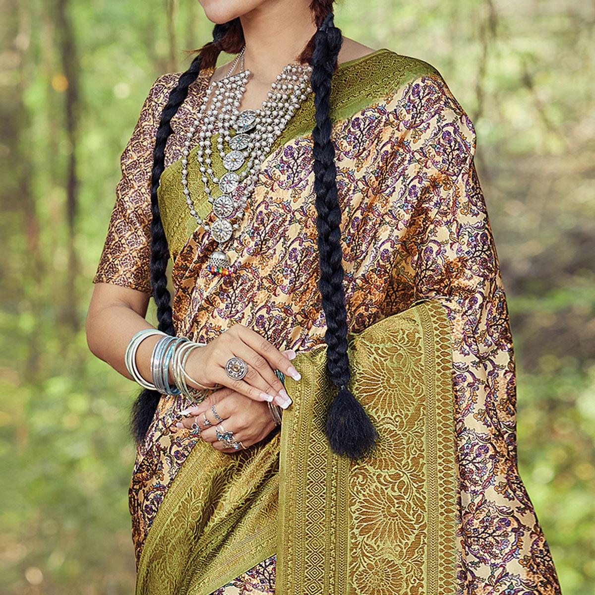 Delightful Beige Colored Festive Wear Digital Printed Silk Saree