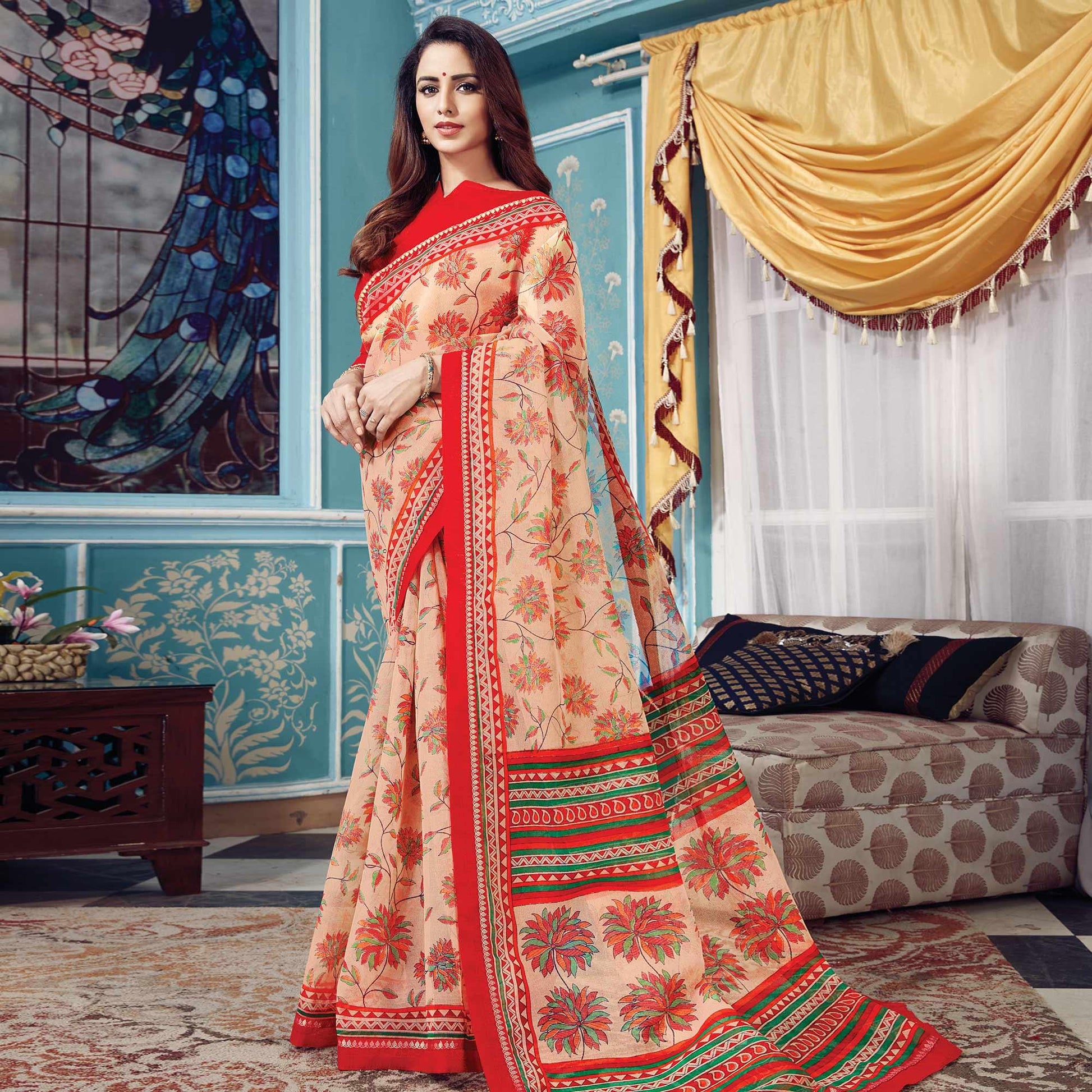 Delightful Beige Colored Partywear Printed Silk Saree