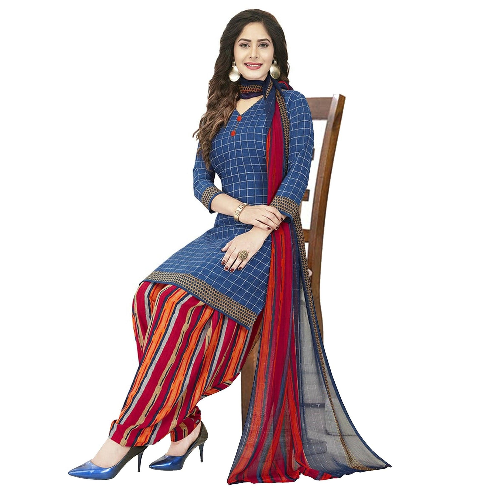 Delightful Blue Colored Casual Wear Printed Crepe Patiala Dress Material