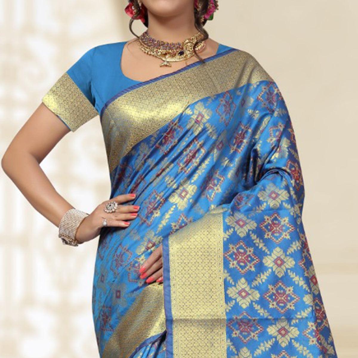 Delightful Blue Colored Festive Wear Woven Banarasi Silk Saree