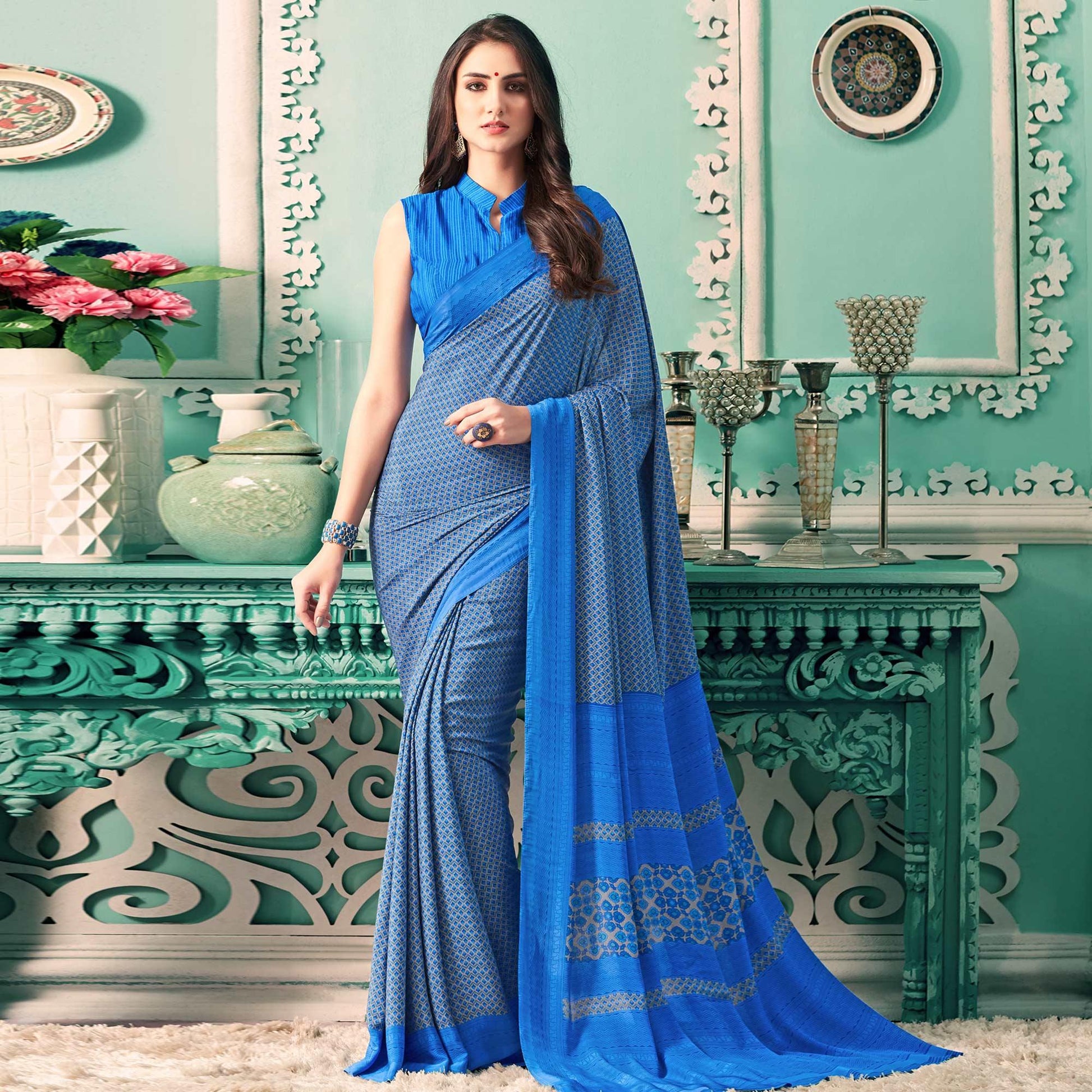 Delightful Blue Colored Partywear Printed Crepe Saree