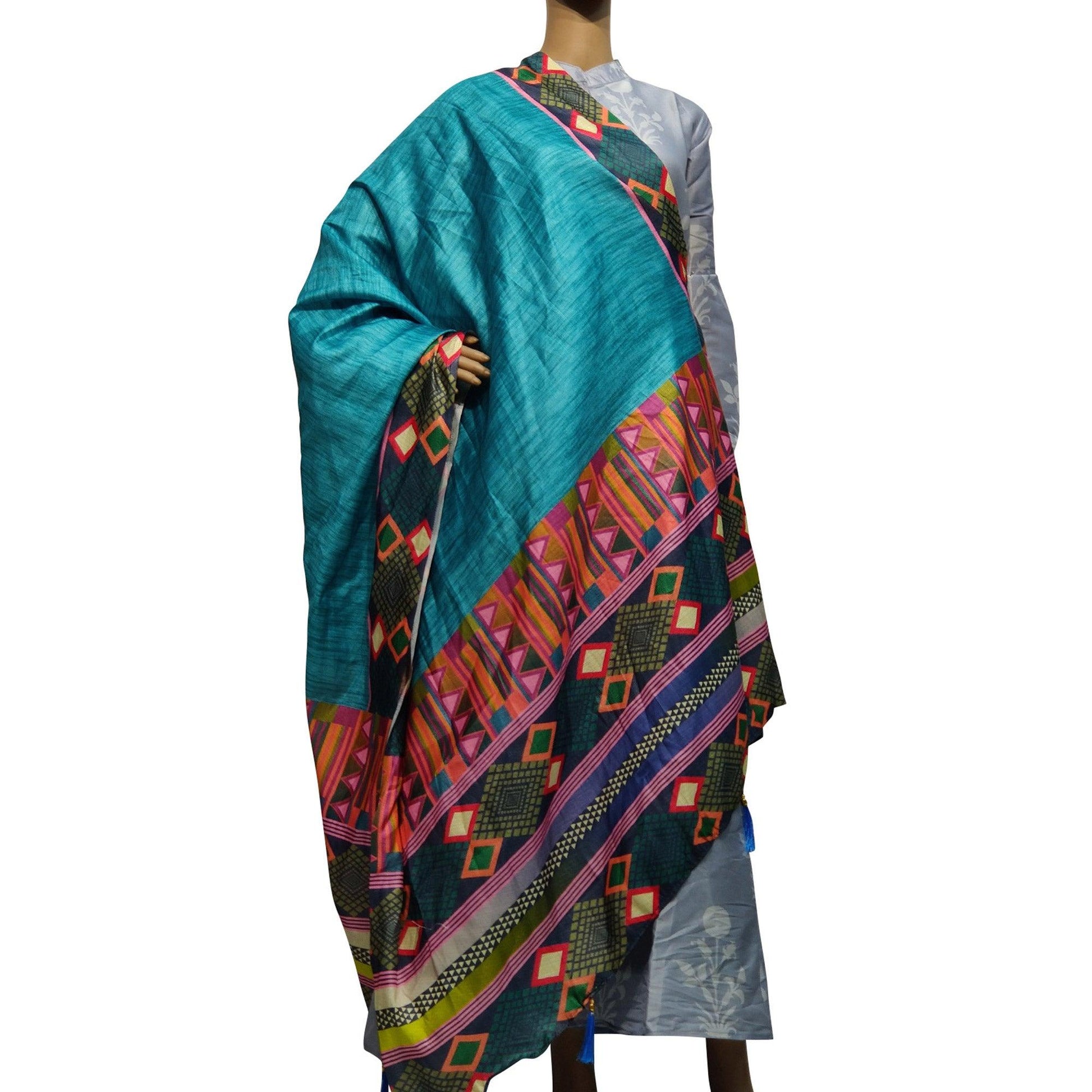 Delightful Blue-Multi Colored Casual Wear Printed Cotton Silk Dupatta With Tassels