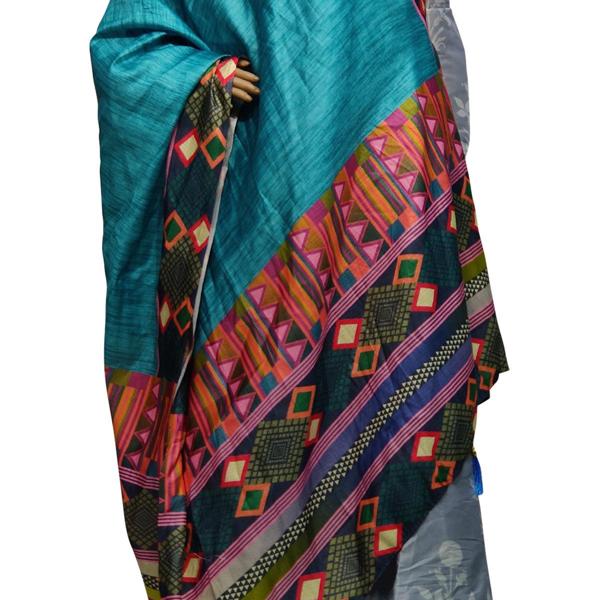 Delightful Blue-Multi Colored Casual Wear Printed Cotton Silk Dupatta With Tassels