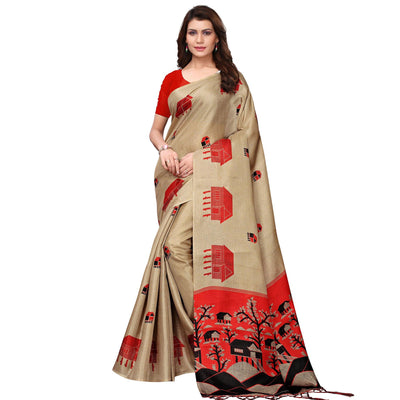 Delightful Chiku Colored Festive Wear Printed Art Silk Saree