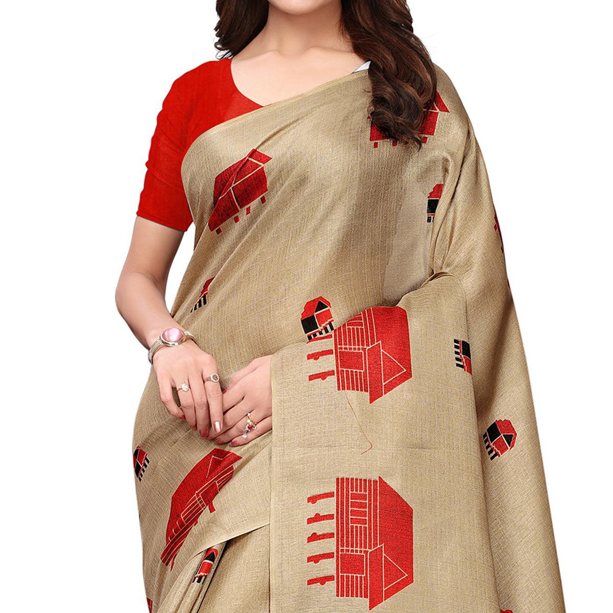 Delightful Chiku Colored Festive Wear Printed Art Silk Saree