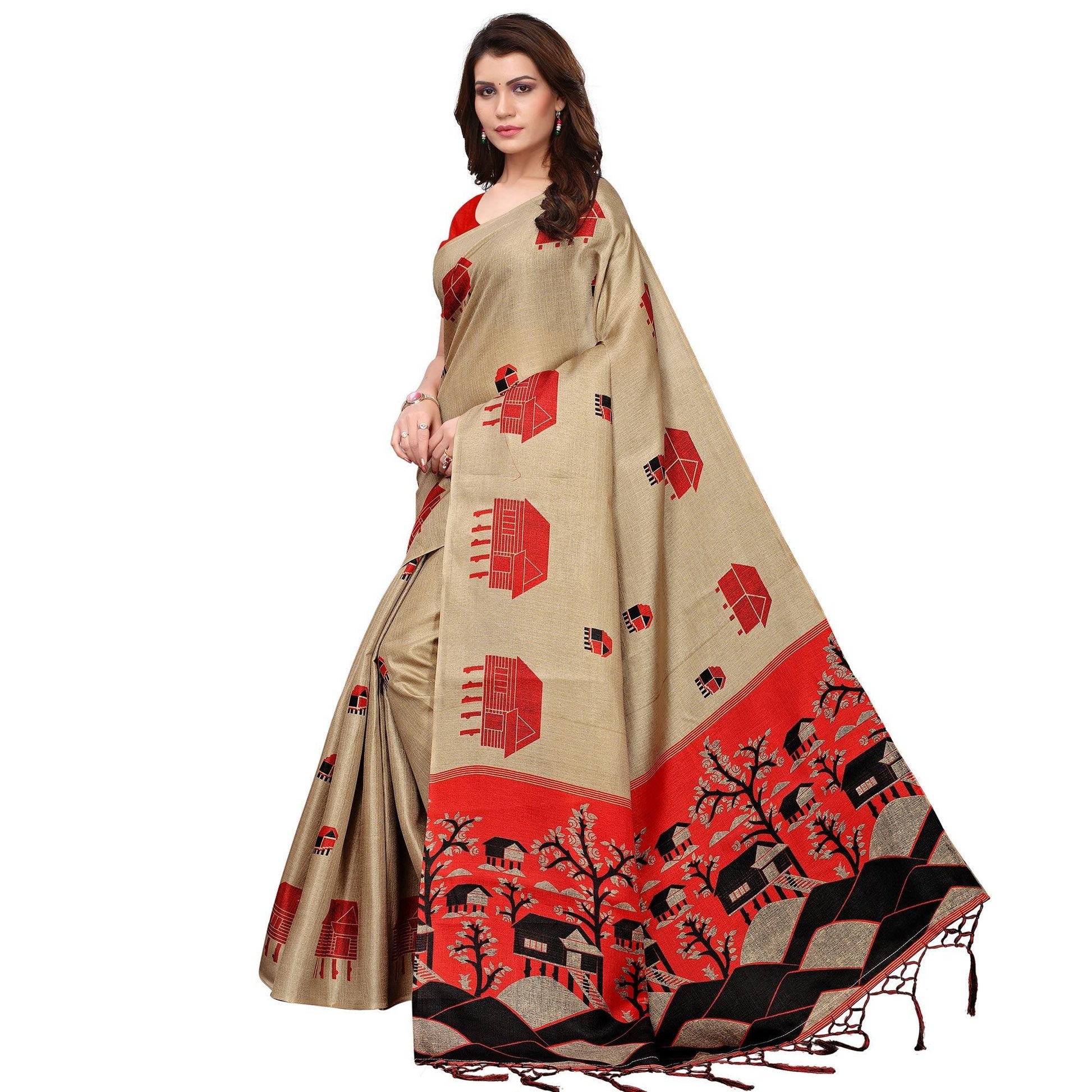 Delightful Chiku Colored Festive Wear Printed Art Silk Saree