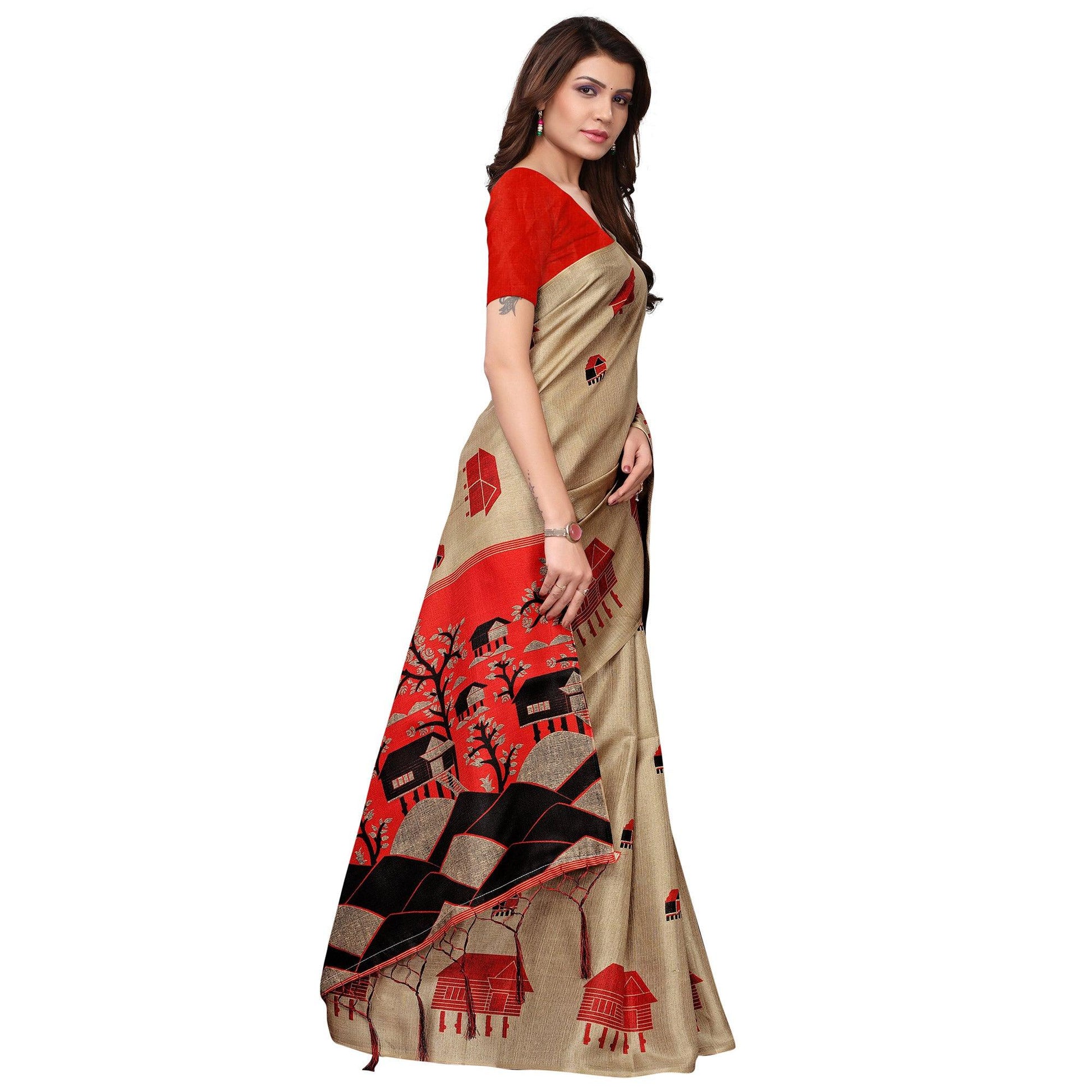 Delightful Chiku Colored Festive Wear Printed Art Silk Saree