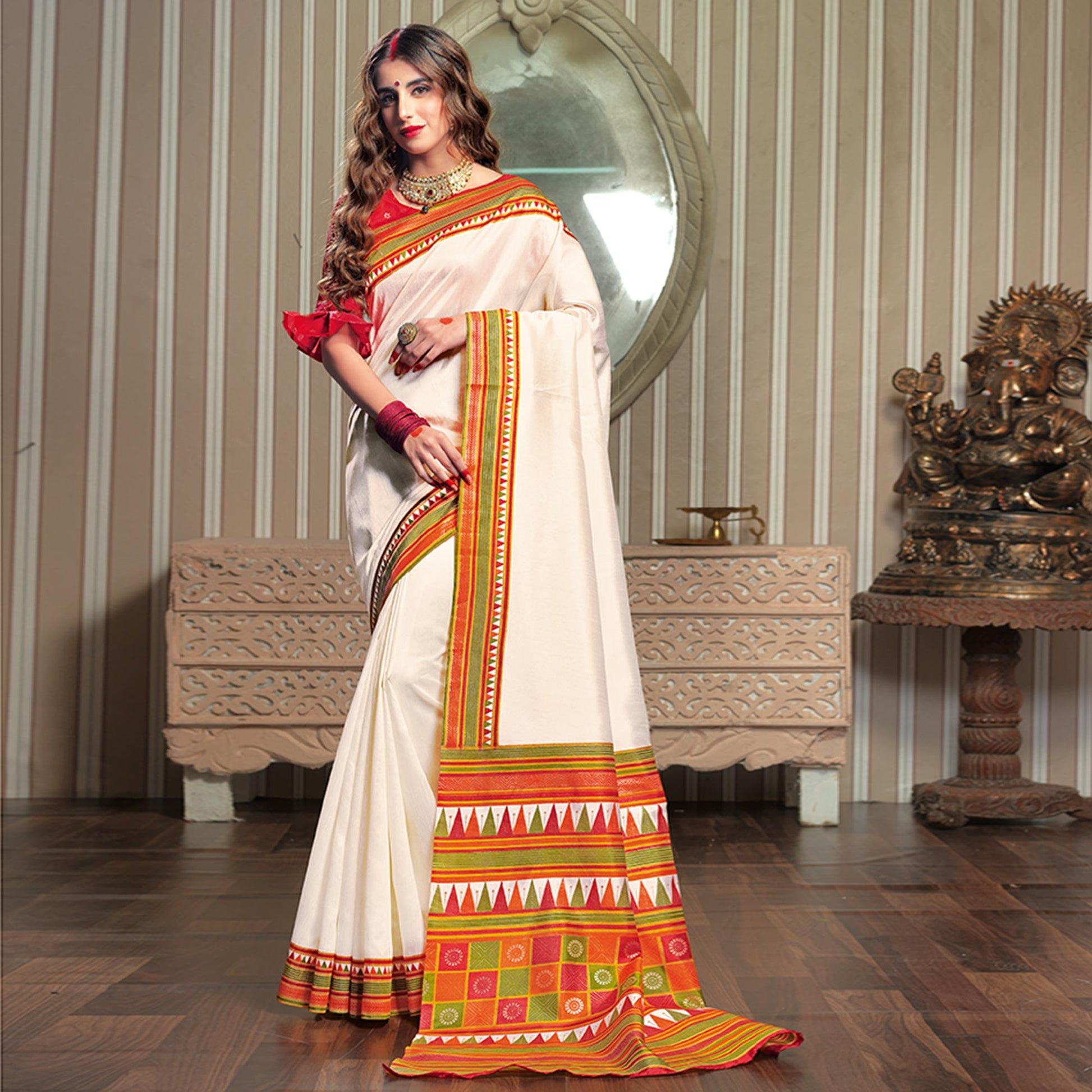 Delightful Cream Colored Festive Wear Patola Silk saree