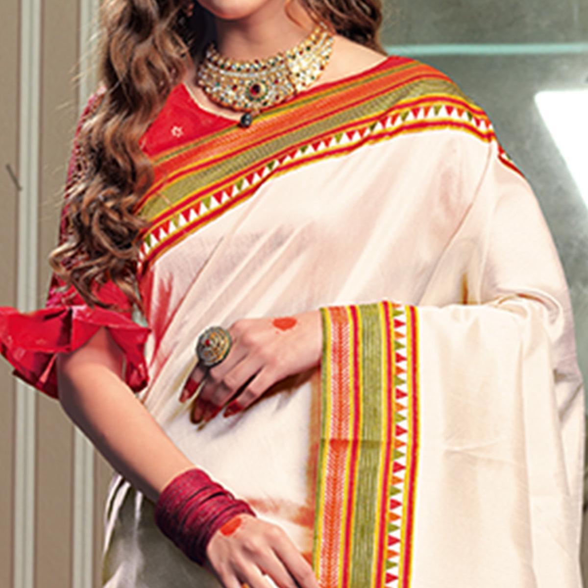 Delightful Cream Colored Festive Wear Patola Silk saree