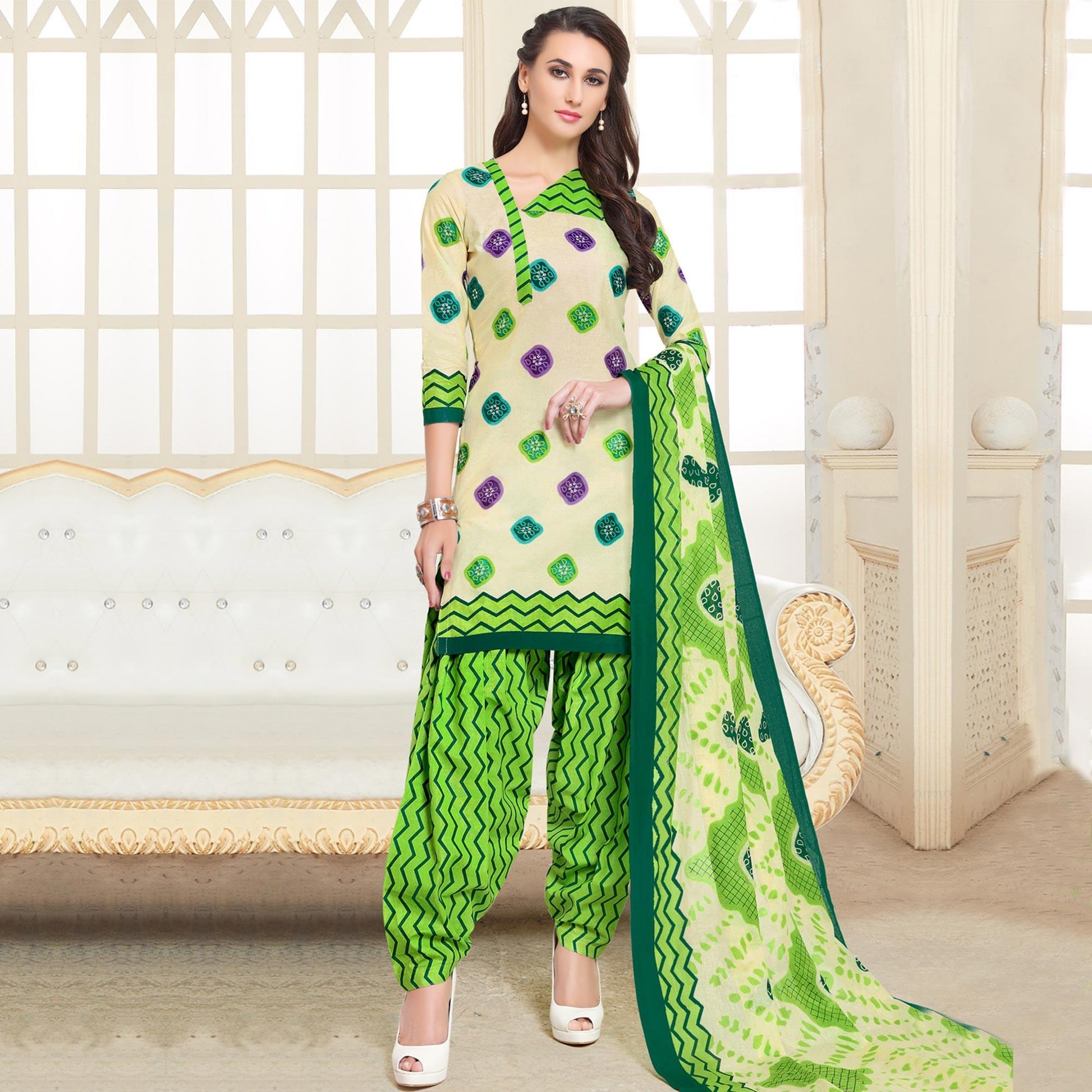 Delightful Cream-Green Colored Casual Wear Printed Cotton Patiala Dress Material