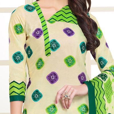 Delightful Cream-Green Colored Casual Wear Printed Cotton Patiala Dress Material