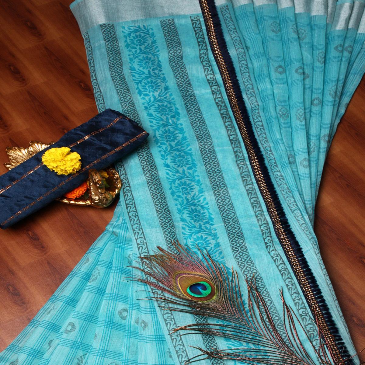 Delightful Ferozi Colored Casual Wear Printed Cotton Saree