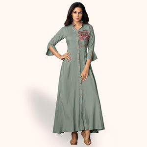 Delightful Gray Colored Partywear Embroidered Rayon Kurti