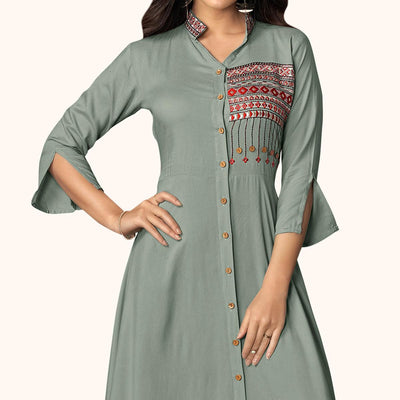 Delightful Gray Colored Partywear Embroidered Rayon Kurti