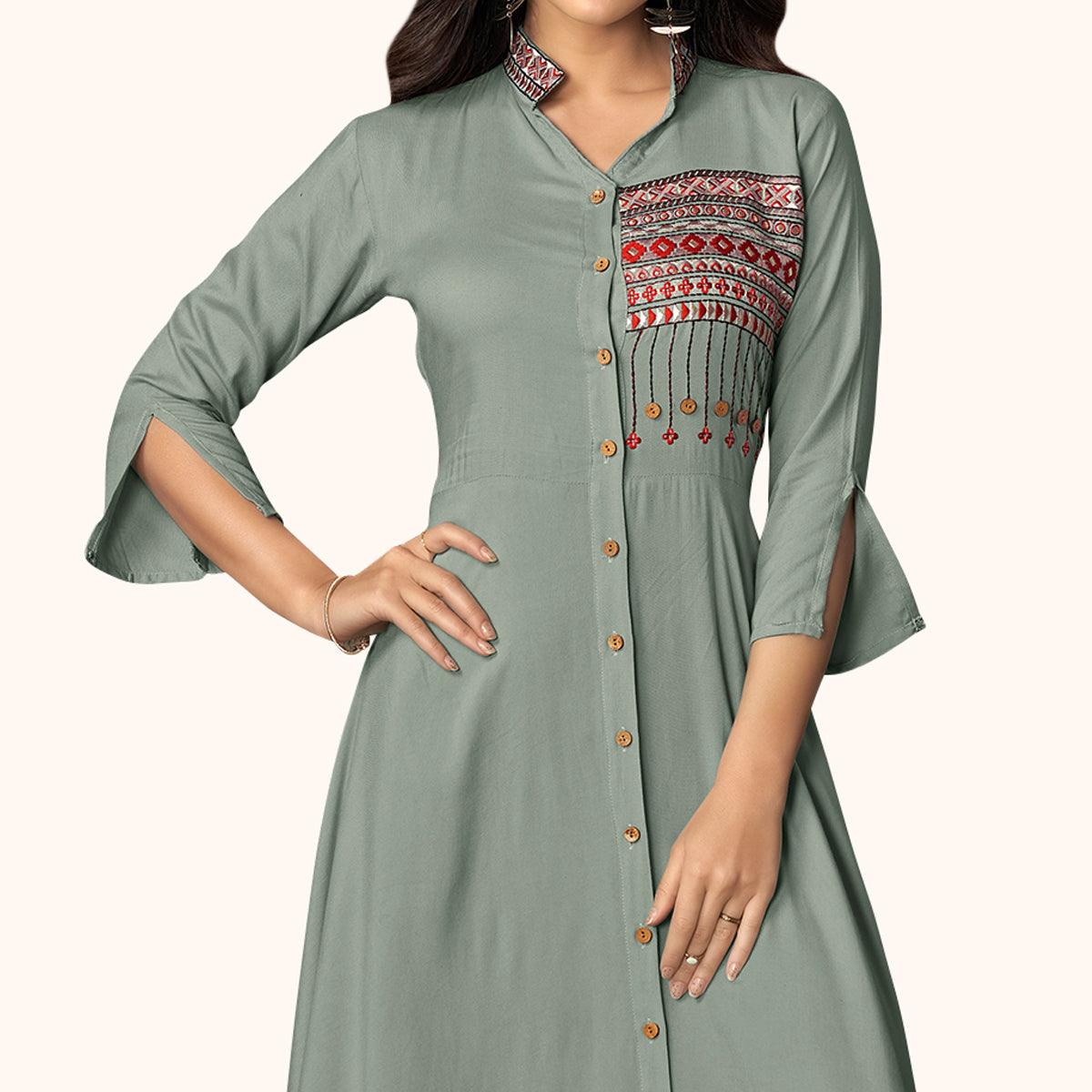 Delightful Gray Colored Partywear Embroidered Rayon Kurti