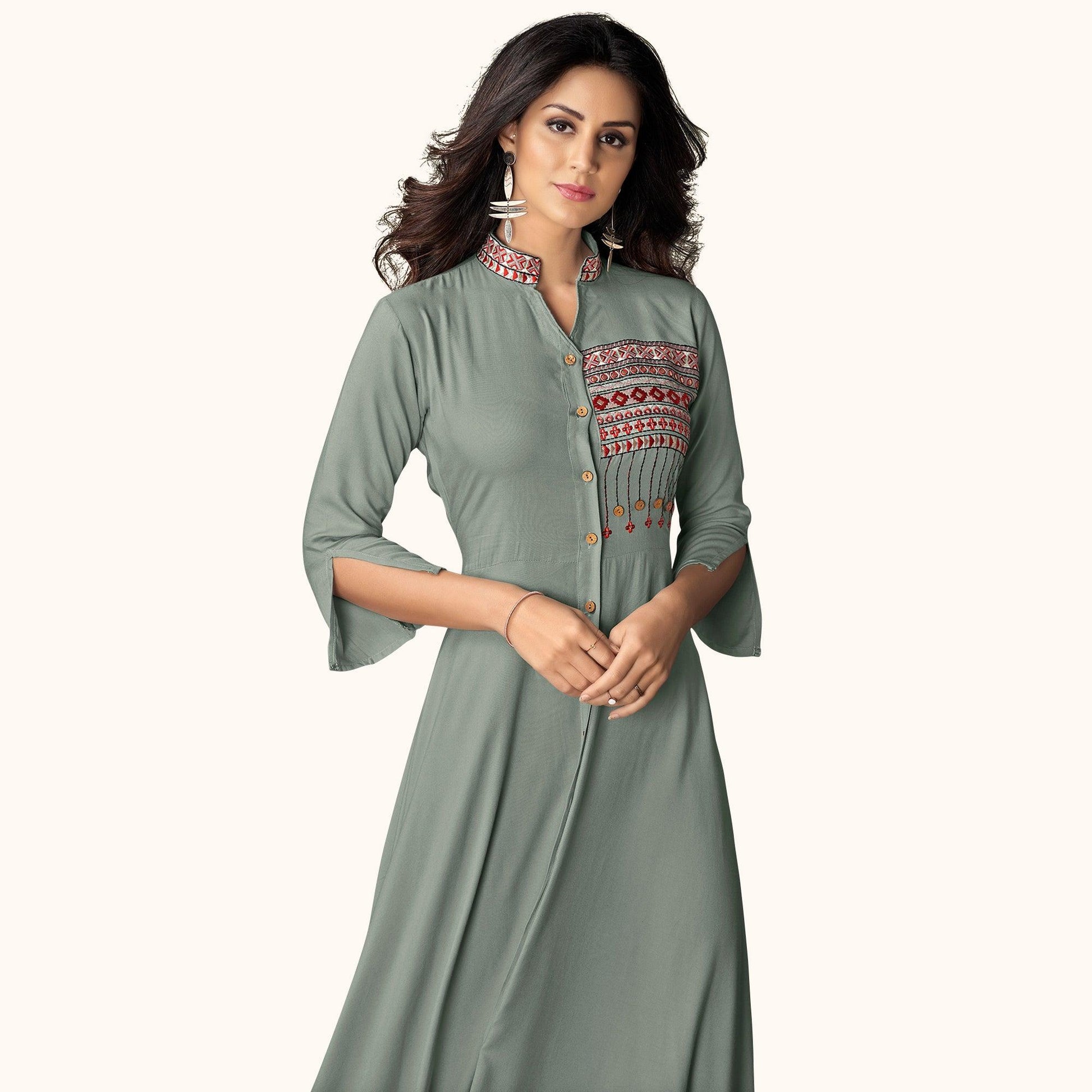 Delightful Gray Colored Partywear Embroidered Rayon Kurti