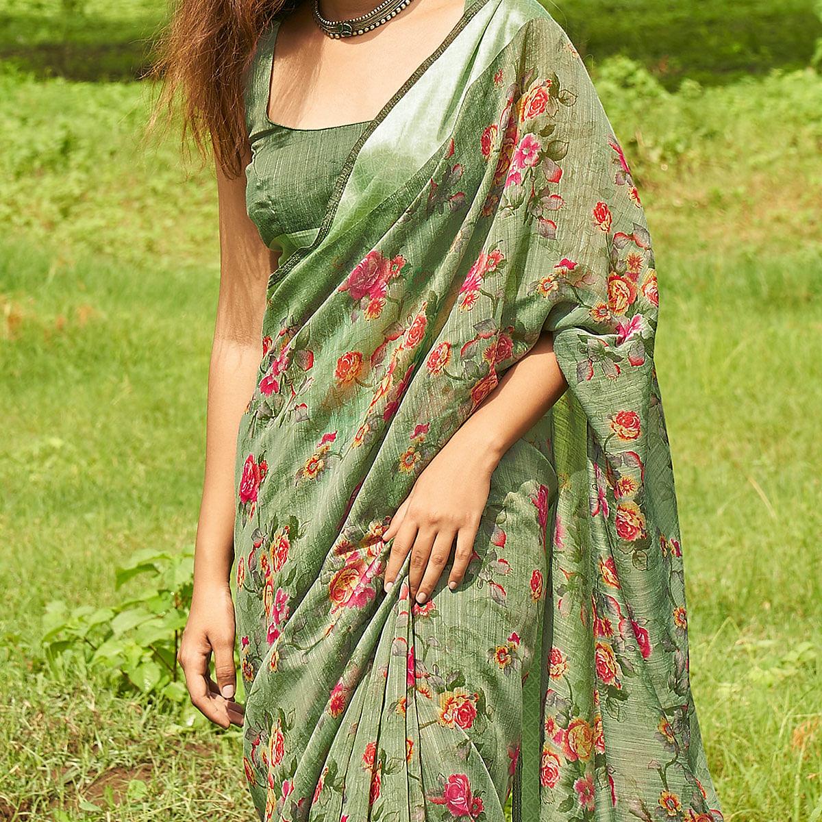 Delightful Green Colored Casual Wear Floral Printed Linen Cotton Saree