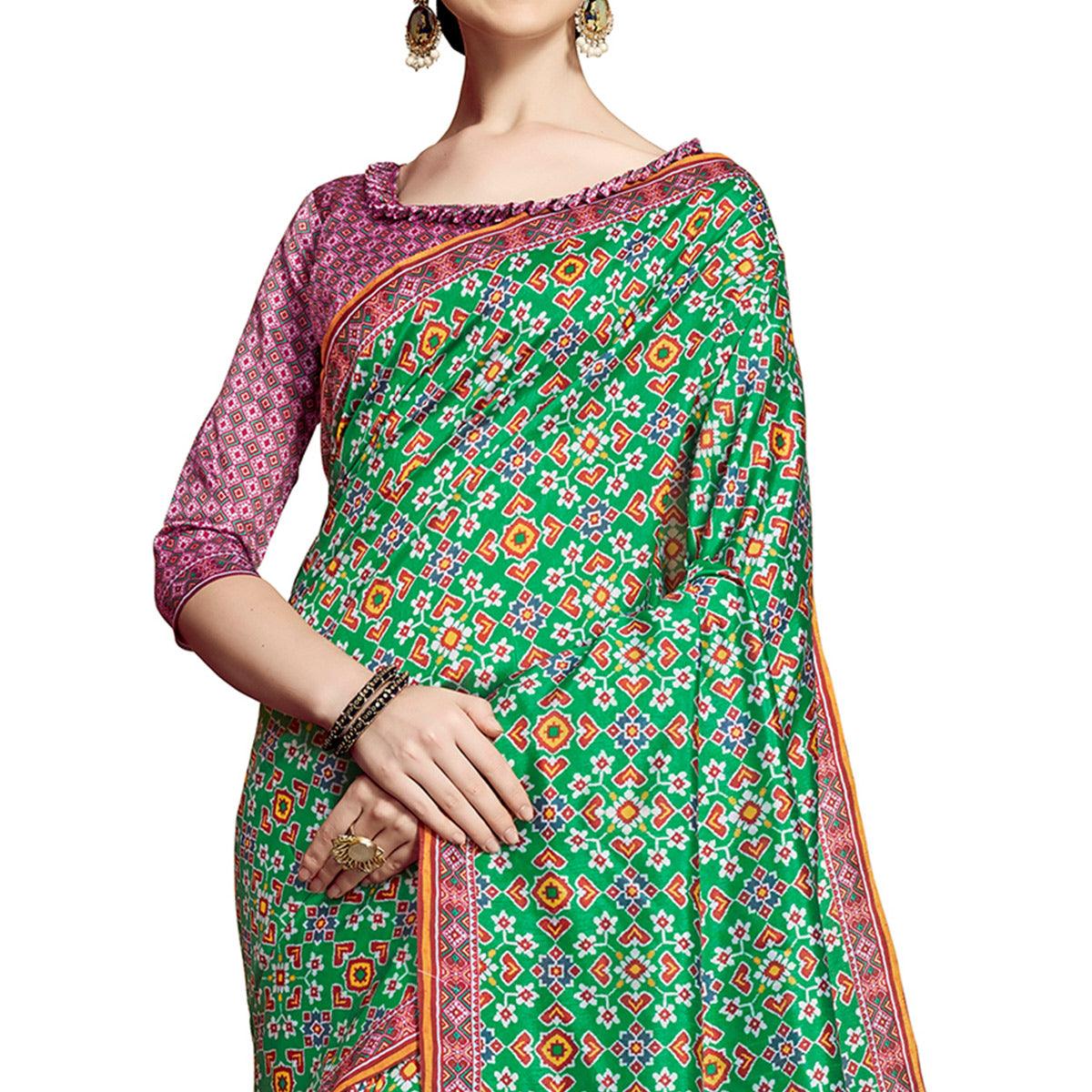 Delightful Green Colored Festive Wear Printed Silk Saree