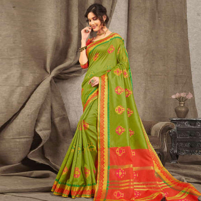 Delightful Green Colored Festive Wear Woven Cotton Handloom Saree