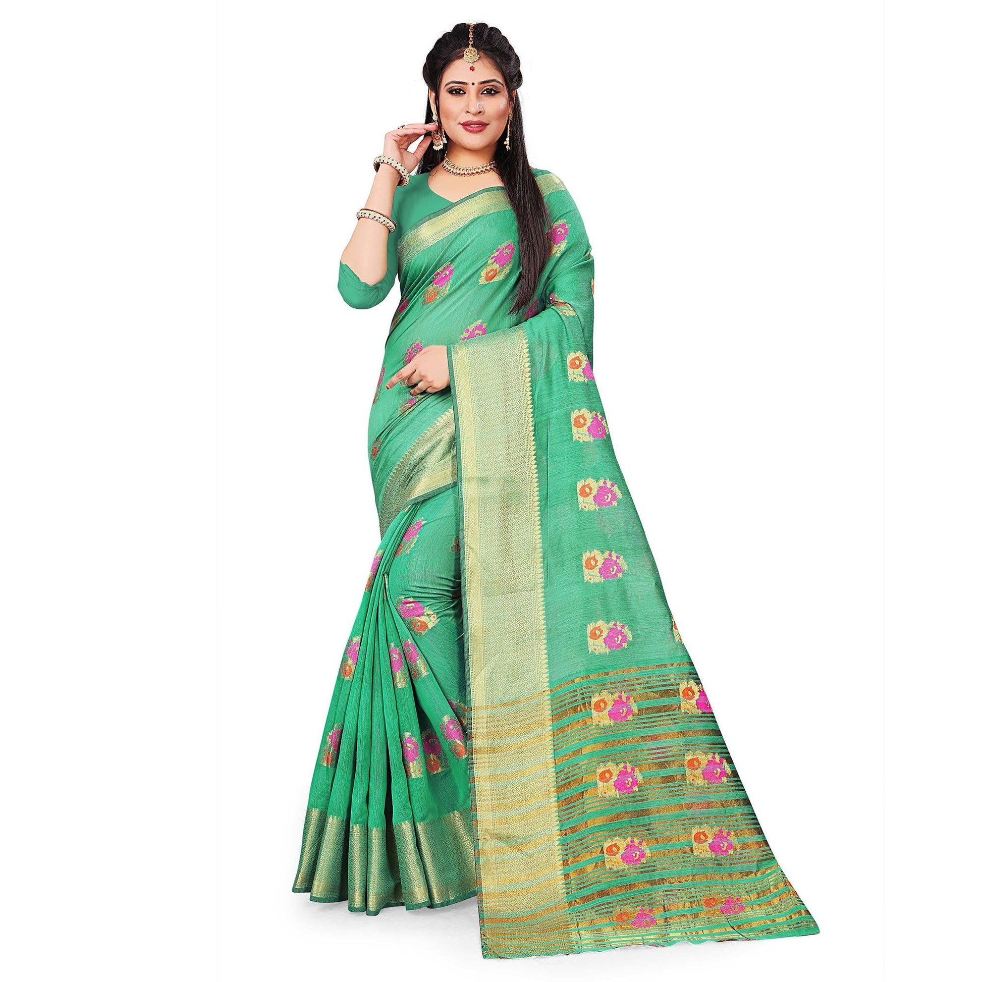 Delightful Green Colored Festive Wear Woven Cotton Silk Saree