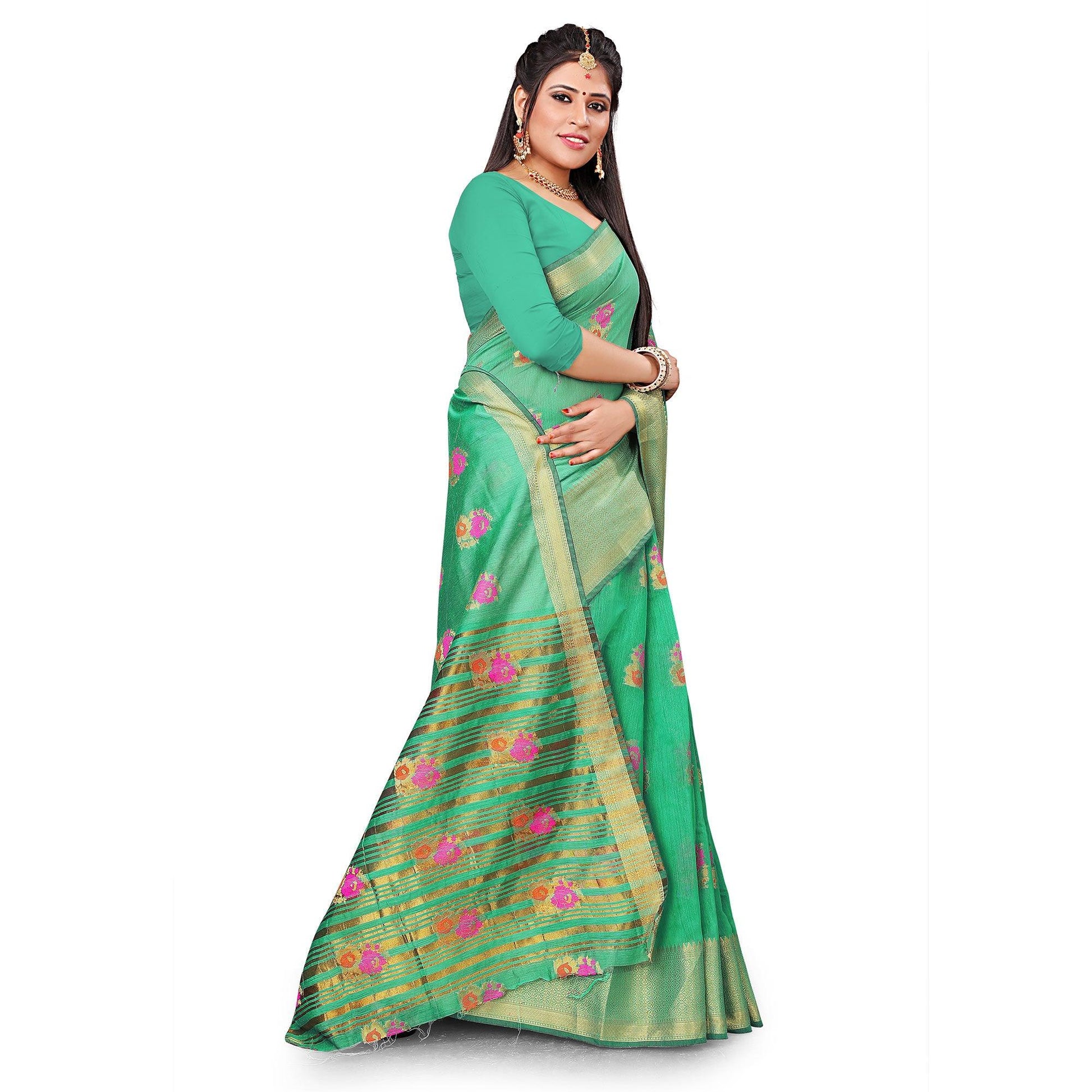Delightful Green Colored Festive Wear Woven Cotton Silk Saree