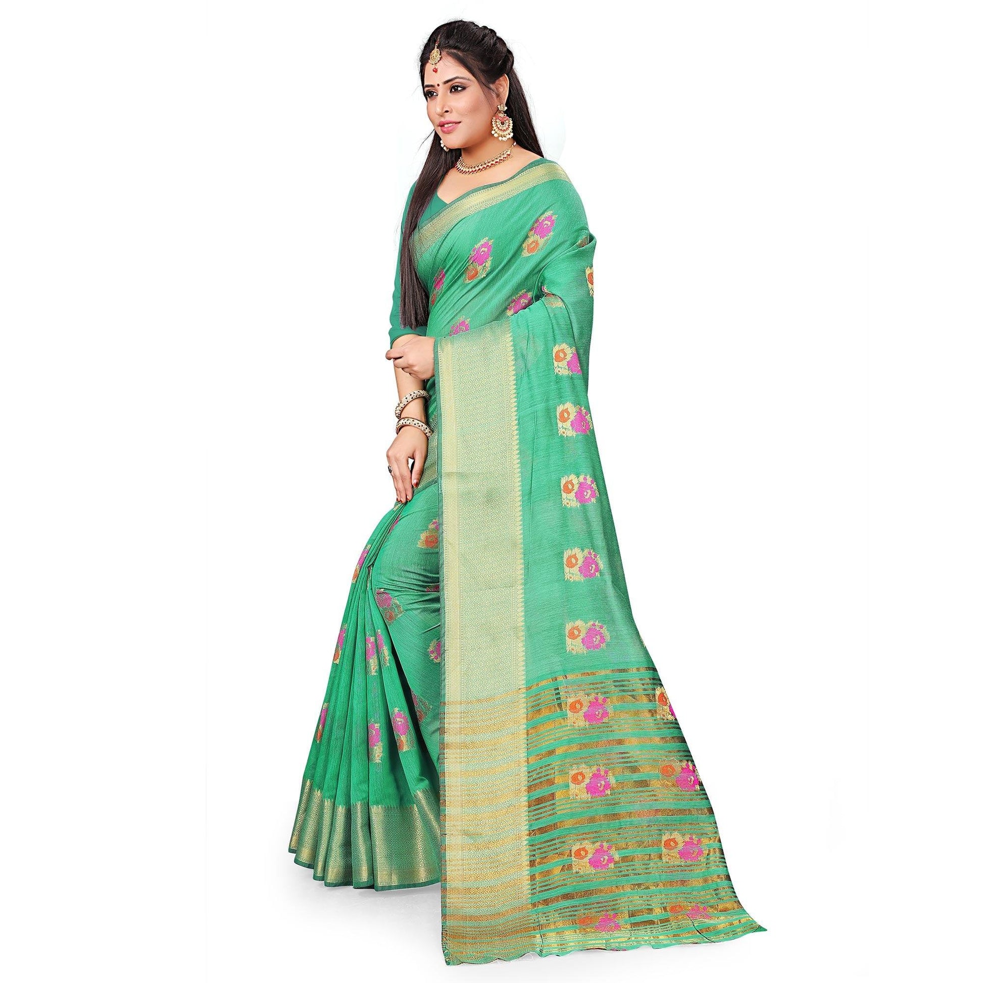 Delightful Green Colored Festive Wear Woven Cotton Silk Saree