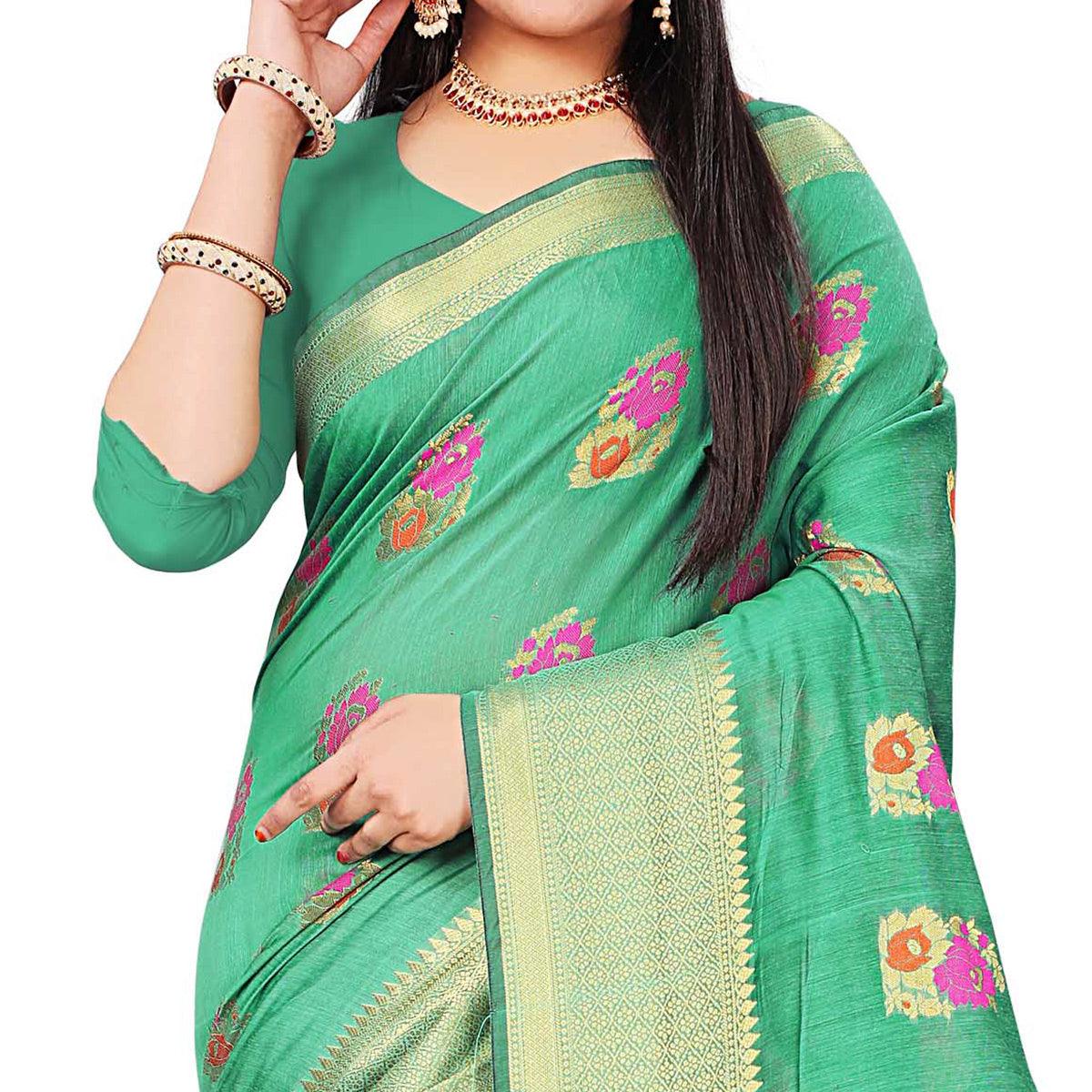 Delightful Green Colored Festive Wear Woven Cotton Silk Saree