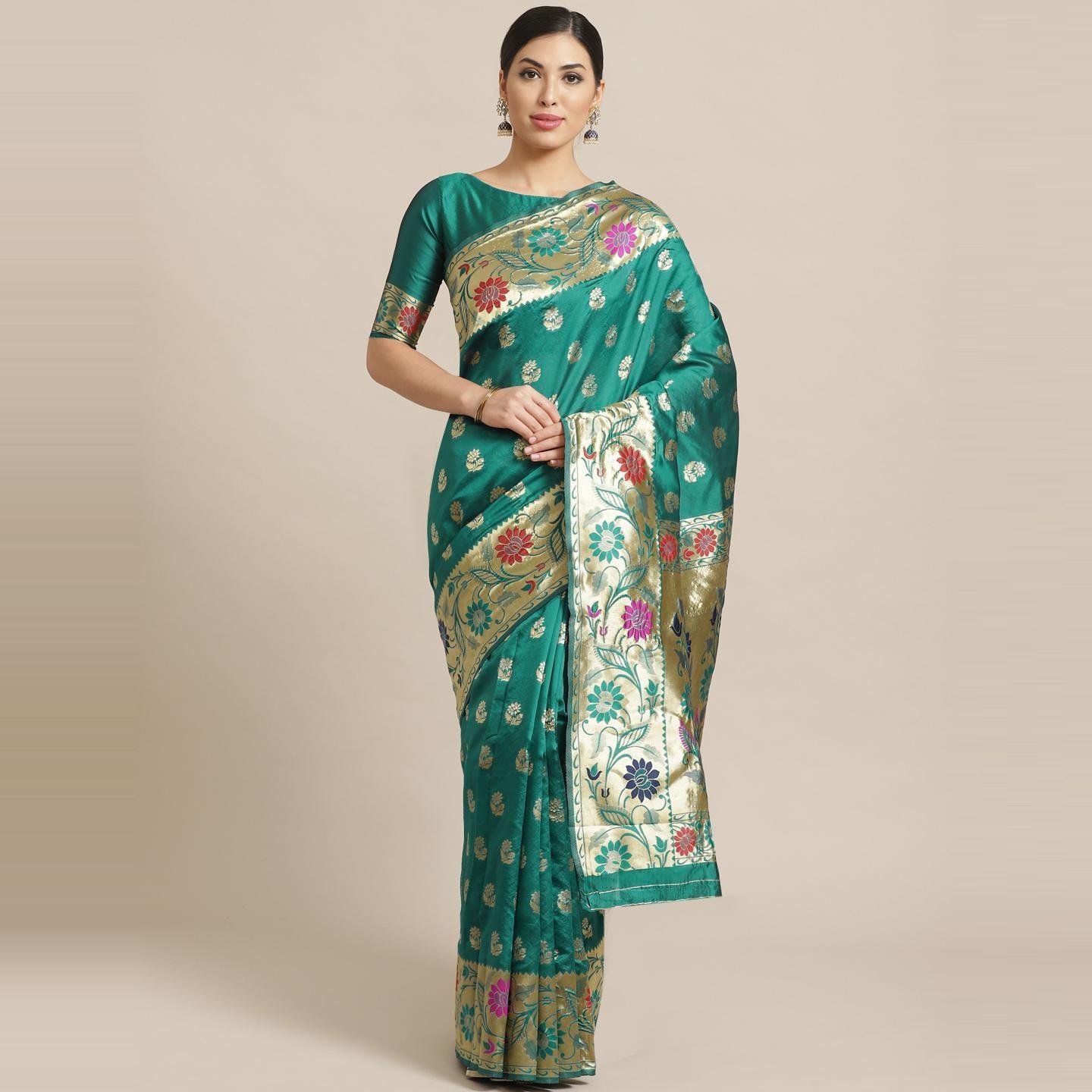 Delightful Green Colored Festive Wear Woven Silk Blend Banarasi Saree