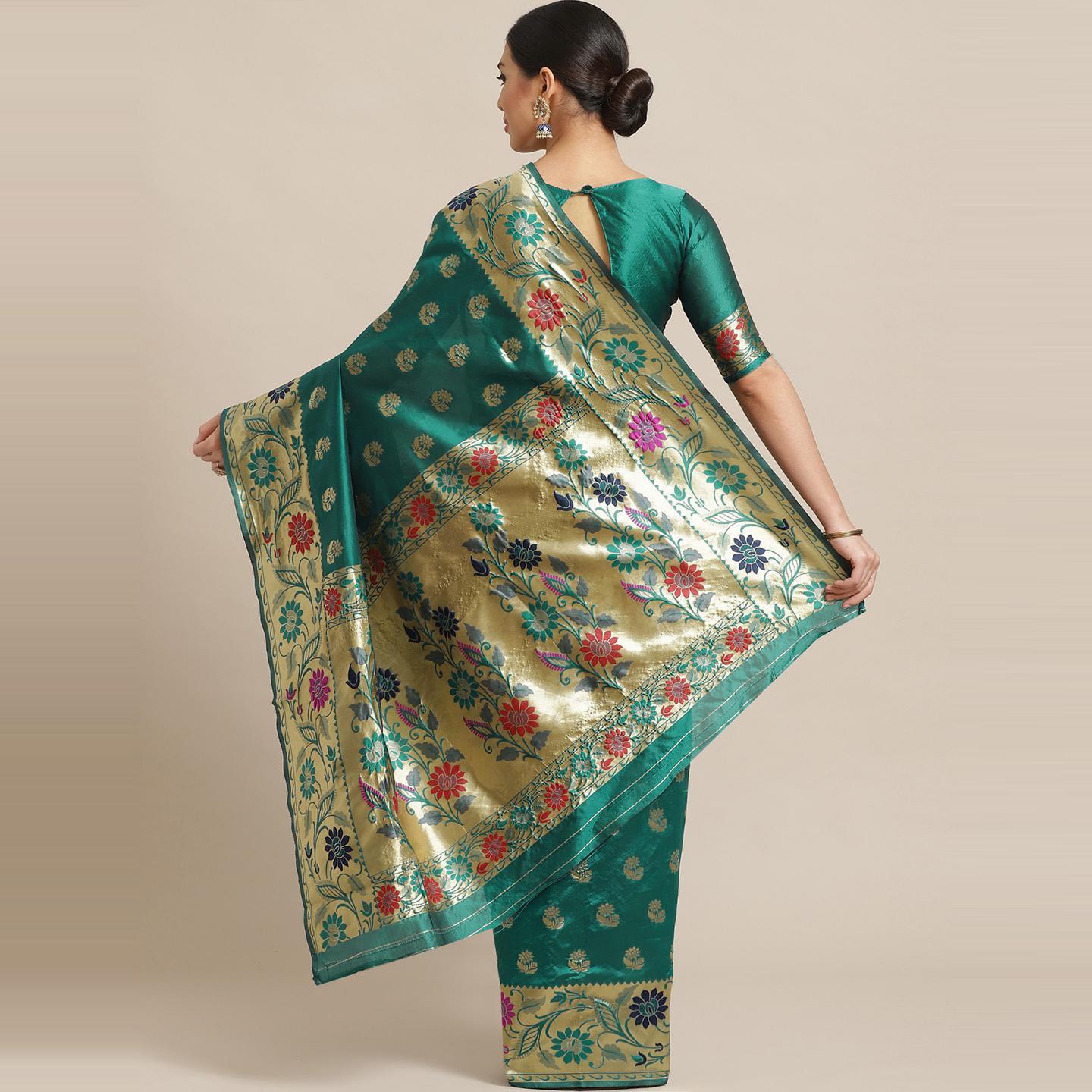 Delightful Green Colored Festive Wear Woven Silk Blend Banarasi Saree