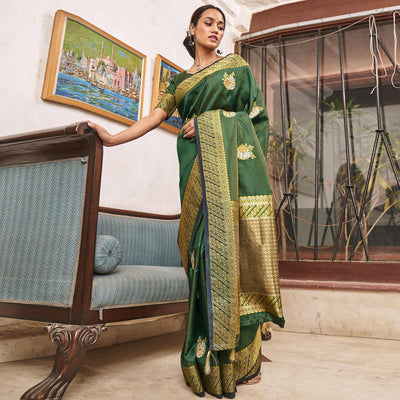 Delightful Green Colored Festive Wear Woven Soft Silk Saree