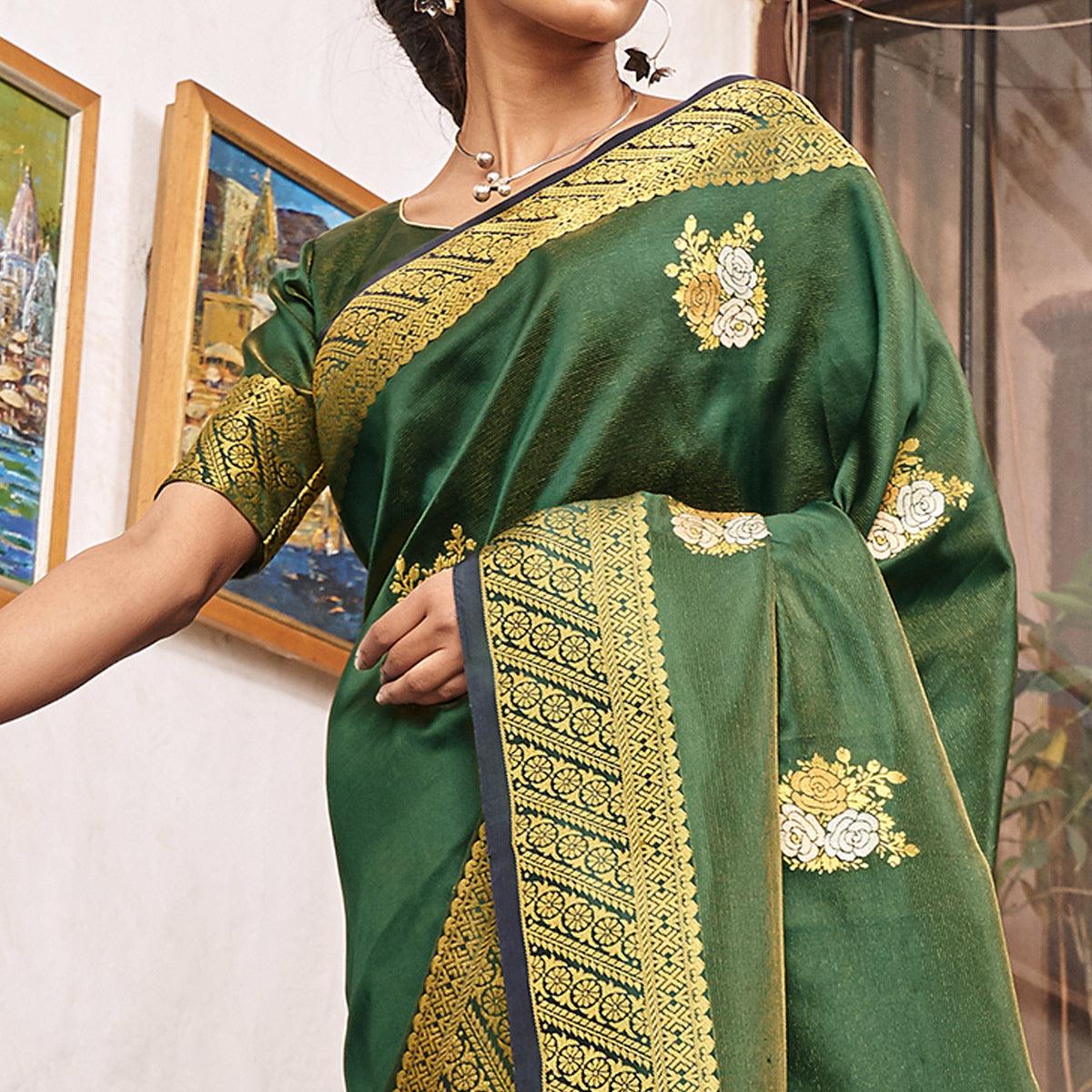 Delightful Green Colored Festive Wear Woven Soft Silk Saree