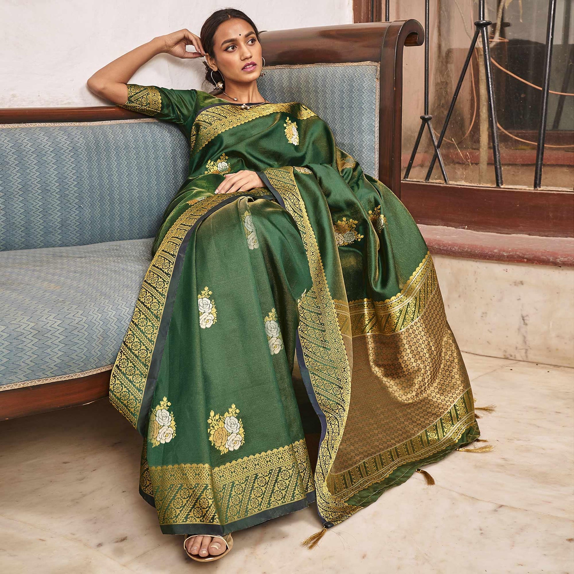 Delightful Green Colored Festive Wear Woven Soft Silk Saree