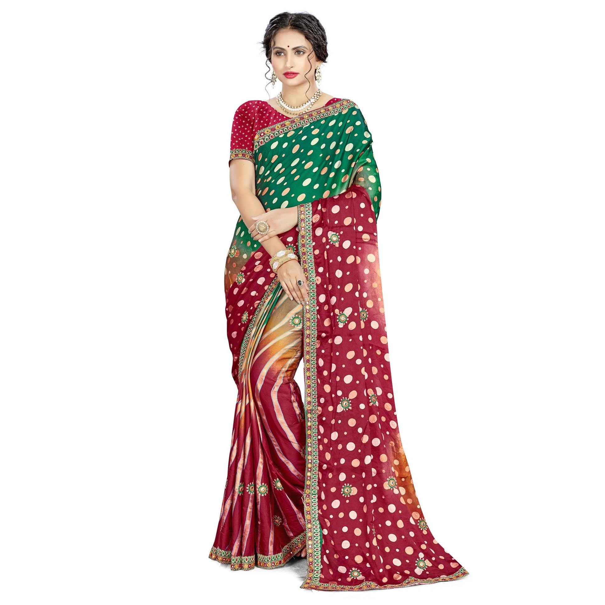 Delightful Green - Maroon Colored Casual Wear Printed Satin Saree